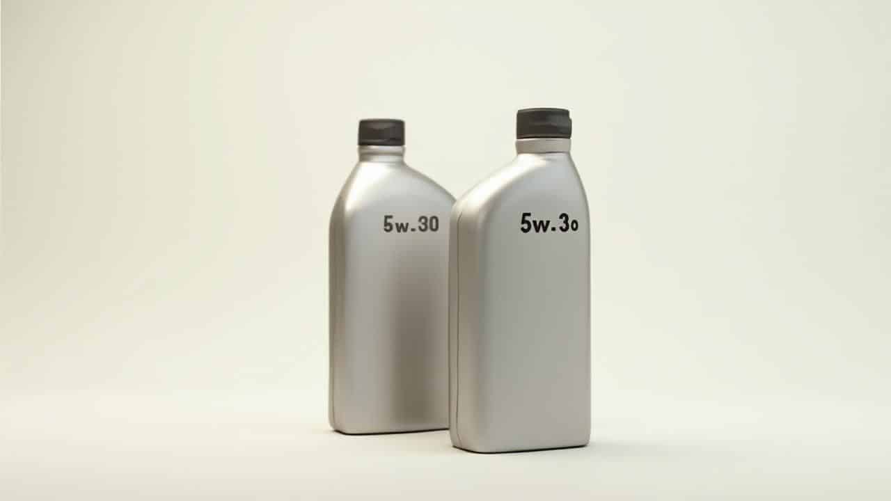Deux bouteilles d'huile moteur 5w-30 sur fond blanc