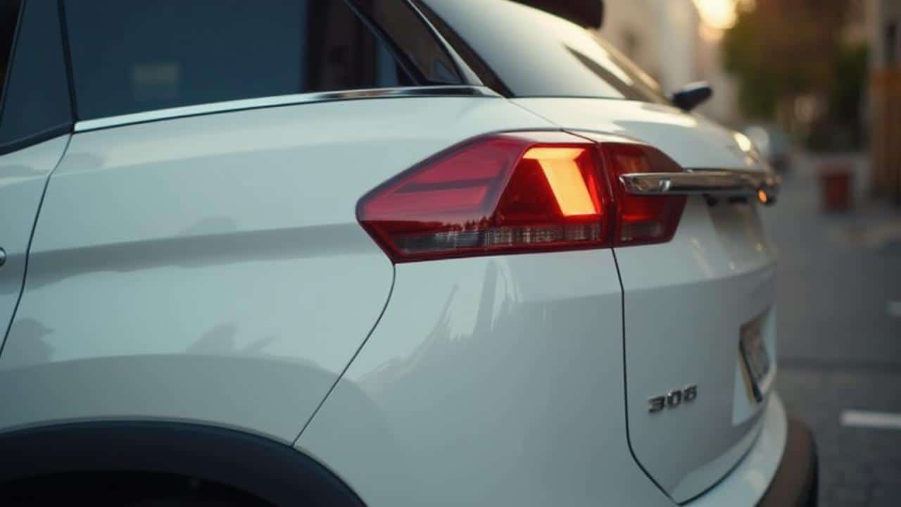 Gros plan sur le feu arrière d'une élégante voiture blanche