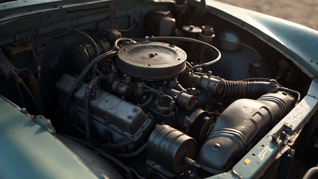 Image d'un moteur de véhicule ancien avec de nombreux éléments mécaniques apparents.