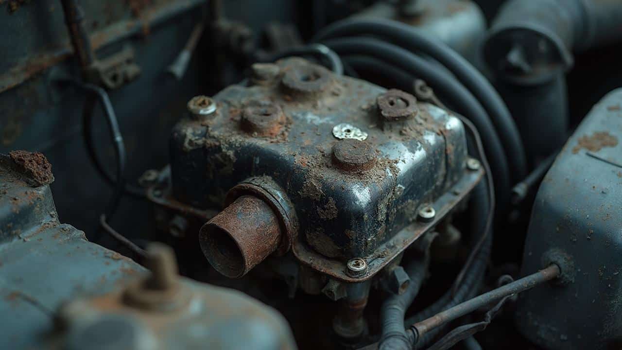 Gros plan sur un moteur de véhicule fortement rouillé et endommagé