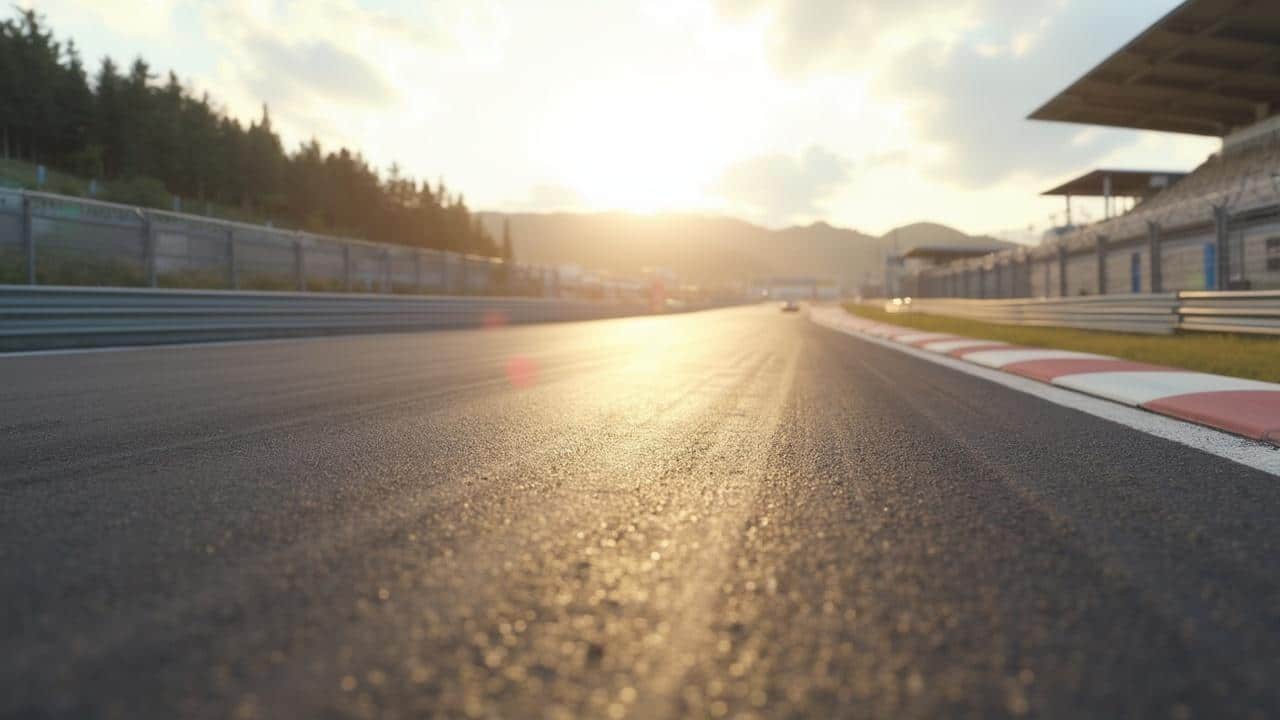 Piste de course de voitures bordée de barrières, avec un ciel doré au coucher du soleil.