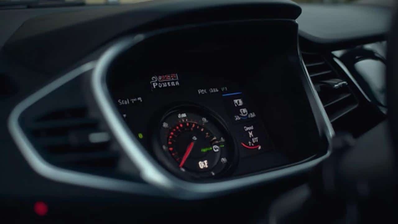 Gros plan sur le tableau de bord d'une voiture de sport avec des jauges rougeoyantes.