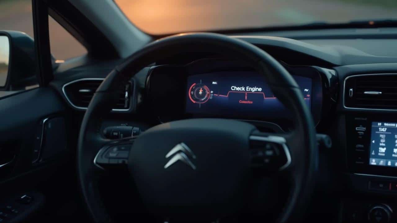 Gros plan sur le tableau de bord d'une voiture avec l'affichage indiquant 'Check Engine'
